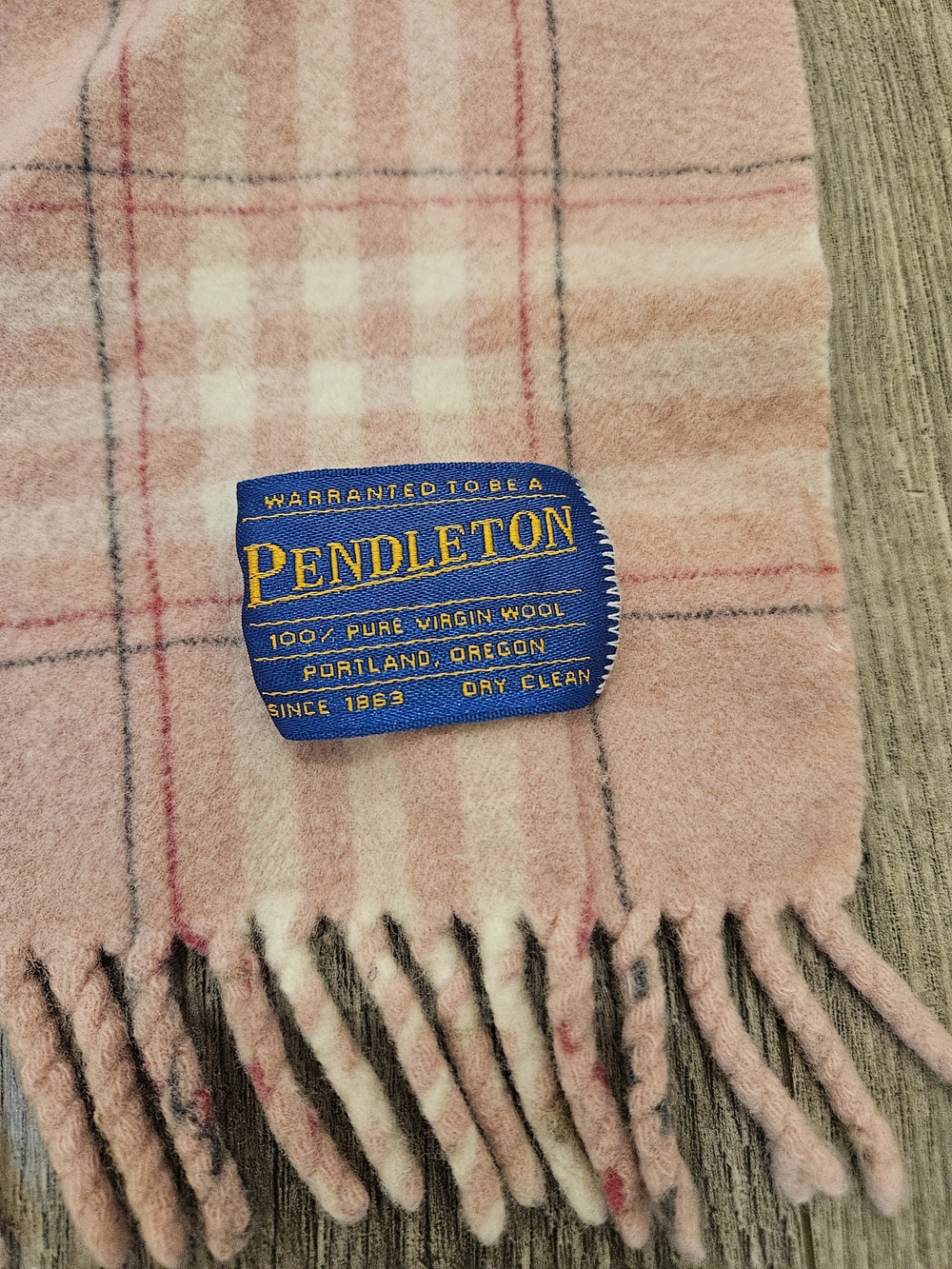 Pendleton Pink and Cream Cabin Plaid Virgin Wool Throw with Fringe 49L×42W
